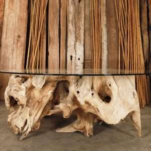 Old Teak Block Root Coffee Table Round Tempered Glass
