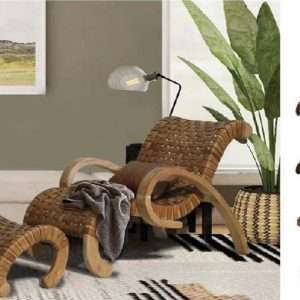 Lounge Chair Tropical Island In Teak And Woven Leather With Footstool