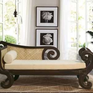 Daybed Neo Nouveau In Mahogany With Woven Rattan And Fabric Cushion