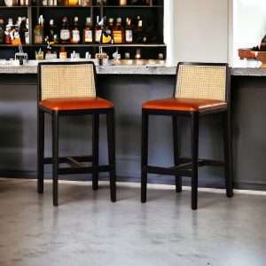 Barstool With Leather Seat And Woven Rattan Plantation Teak