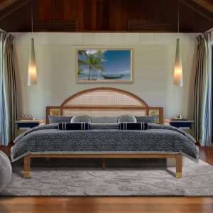 Bed " TROPICAL " In Teak With Rattan Webbing Headboard And Brass Inlays