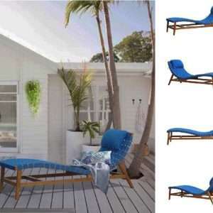 Chaise Lounge Tropical In Teak With Woven Sunbrella Stripes And Removable Head Cushion