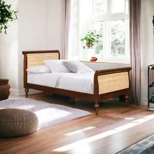 Single Bed Classic Plantation Teak And Woven Rattan Upholstered