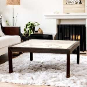 Square Sofa Table With Painting Glass " LINE ART " On Top Plantation Teak