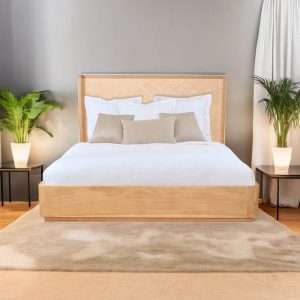 Bed " CANGGU " With Box Leg And Woven Rattan Headboard Plantation Teak