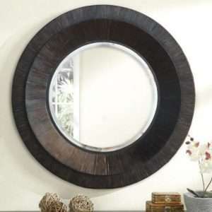 Round Mirror With Beveled Glass In MDF Dressed By A Thick Layer Of Wooden Shingles