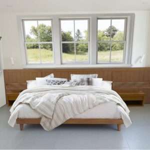 Platform Bed In Solid Teak With Headboard Veneer Framed By Teak