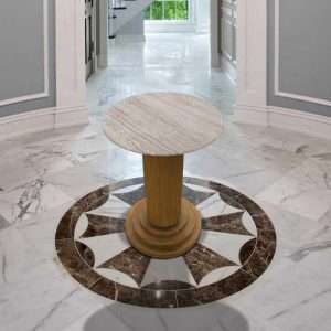 Side Table Travertine Top With Rattan Cane In Teak