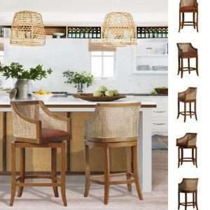 Barstool Tropical In Teak With Leather Swivel Seat And Woven Rattan Back
