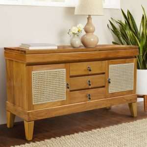 Small Cabinet With Woven Rattan Doors And 3 Drawers Plantation Teak