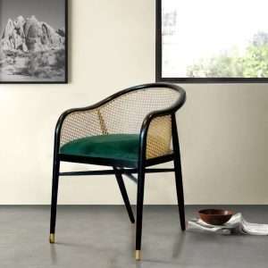 Dining Chair Round Back With Rattan And Velvet Fabric Seat Plantation Teak