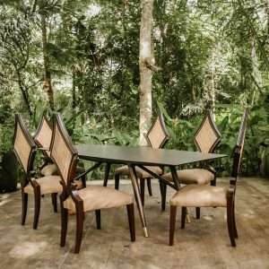 Side Chair " NEO NOUVEAU " Leather Cushion And Woven Rattan Back Plantation Teak