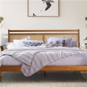 Bed " FIFTIES " With Rattan Headboard Plantation Teak