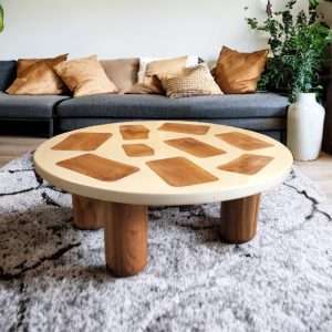 Round Coffee Table Resin And Wood On Top Plantation Teak