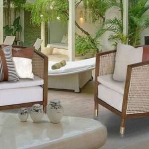 Club Chair Tropical In Teak And Rattan Webbing With Leather Cushion