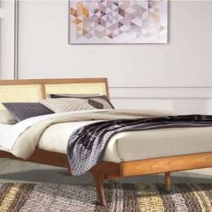 Bed " FIFTIES MOD 2 " With Woven Rattan Headboard Plantation Teak