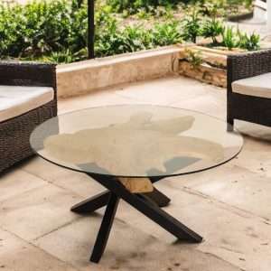 Round Coffee Table Root On Top With Glass And Metal Legs