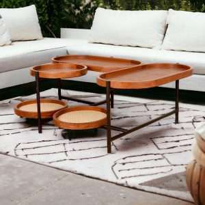 Oval And Round Coffee Table In Teak And Woven Rattan With Iron Legs