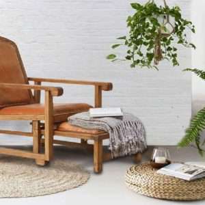 Planter's Chair Tropical In Teak And Leather With Reclining Back Sliding Footstool