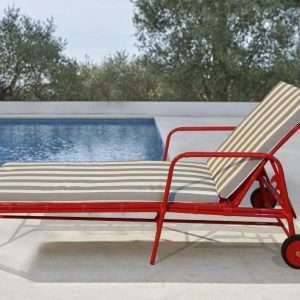 Sun Lounger In Aluminium Frame And Red Rattan Synthetic With Fabric Sunbrella