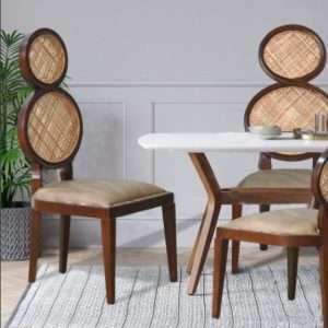 Dining Chair " Eight " In Mahogany With Woven Rattan Back And Leather Seat