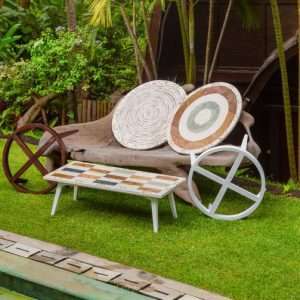 Round Coffee Table With Prime Stones, Prime Terrazzo Plantation Teak Legs