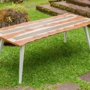 Rectangular Dining Table With Reclaimed Teak And Crushed Bamboo Inlay On Plantation Teak White Painted Legs