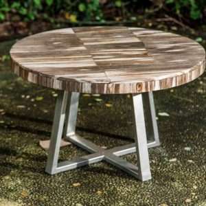 Round Coffee Table With Petrified Wood Layers Top On Silver Colored Iron Legs