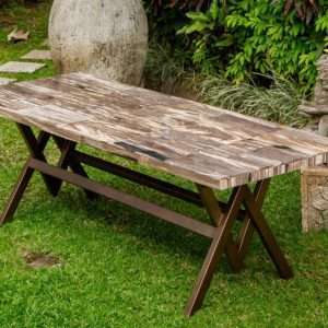 Dining Table With Laminated Petrified Wood On Iron Legs