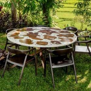 Round Table With Cross Old Root Teak, Shell And Onix Structure And Metal Legs