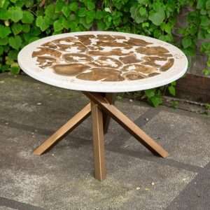 Round Dining Table With Prime Terrazzo And Multi Old Roots Structure And Metal Legs