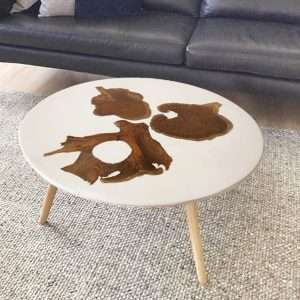 Round Coffee Table With Cement Top Enhanced by a Recycled Teak Root