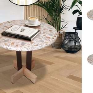 Side Table With Mosaic Terrazzo Top On Powder Coating Iron Legs And Palimanan Stone Base