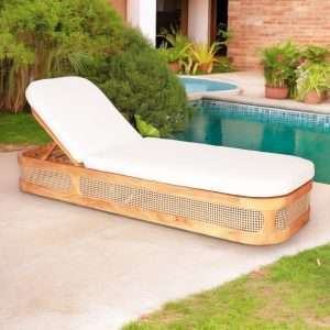Sunbed " CANGGU " Round Edge With Woven Synthetic Rattan And Fabric Cushion Plantation Teak