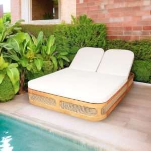 Double Sunbed " CANGGU " Round Edge With Woven Synthetic Rattan And Fabric Cushion Plantation Teak