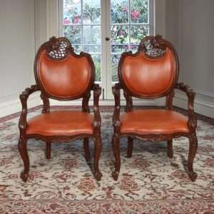 Armchair " MOSSA " With Carving And Leather Plantation Teak