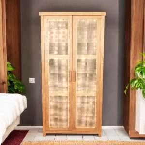 High Bookshelf 2 Doors With Woven Rattan Plantation Teak