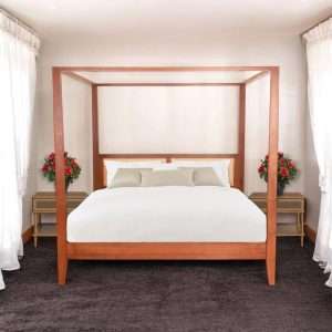 4 Poster Bed " AMO " Woven Rattan Headboard Plantation Teak