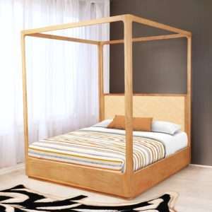 4 Poster Bed " CANGGU " With Box Leg And Woven Rattan Headboard Plantation Teak