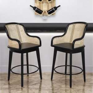 Barstool " OWL " Swivel Seat With Woven Rattan Back Plantaion Teak