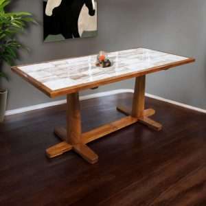 Dining Table " KAVALA " Petrified Wood On Top Plantation Teak