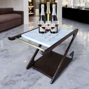 Trolley Tray " HOGA " With Marble On Top And Wheels Plantation Teak