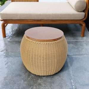 Side Table / Coffee Table " DOME " Woven Rattan and Plantation Teak On Top